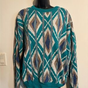 Vintage Geometric Pattern Teal/White/Silver Sweater